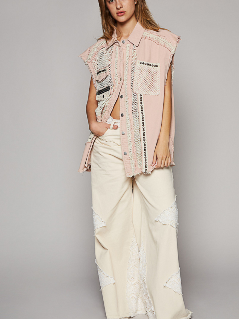 OVERSIZED VEST IN POWDER PINK WITH STUDDING