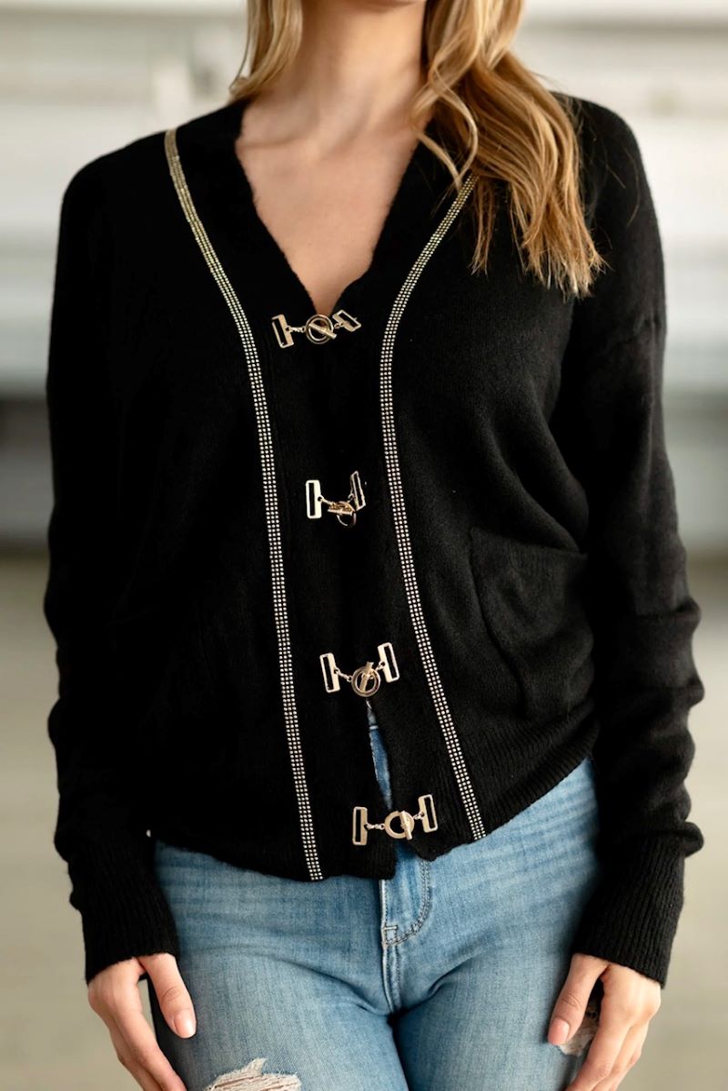 OVERSIZED BLACK CARDIGAN WITH GOLD BUCKLES
