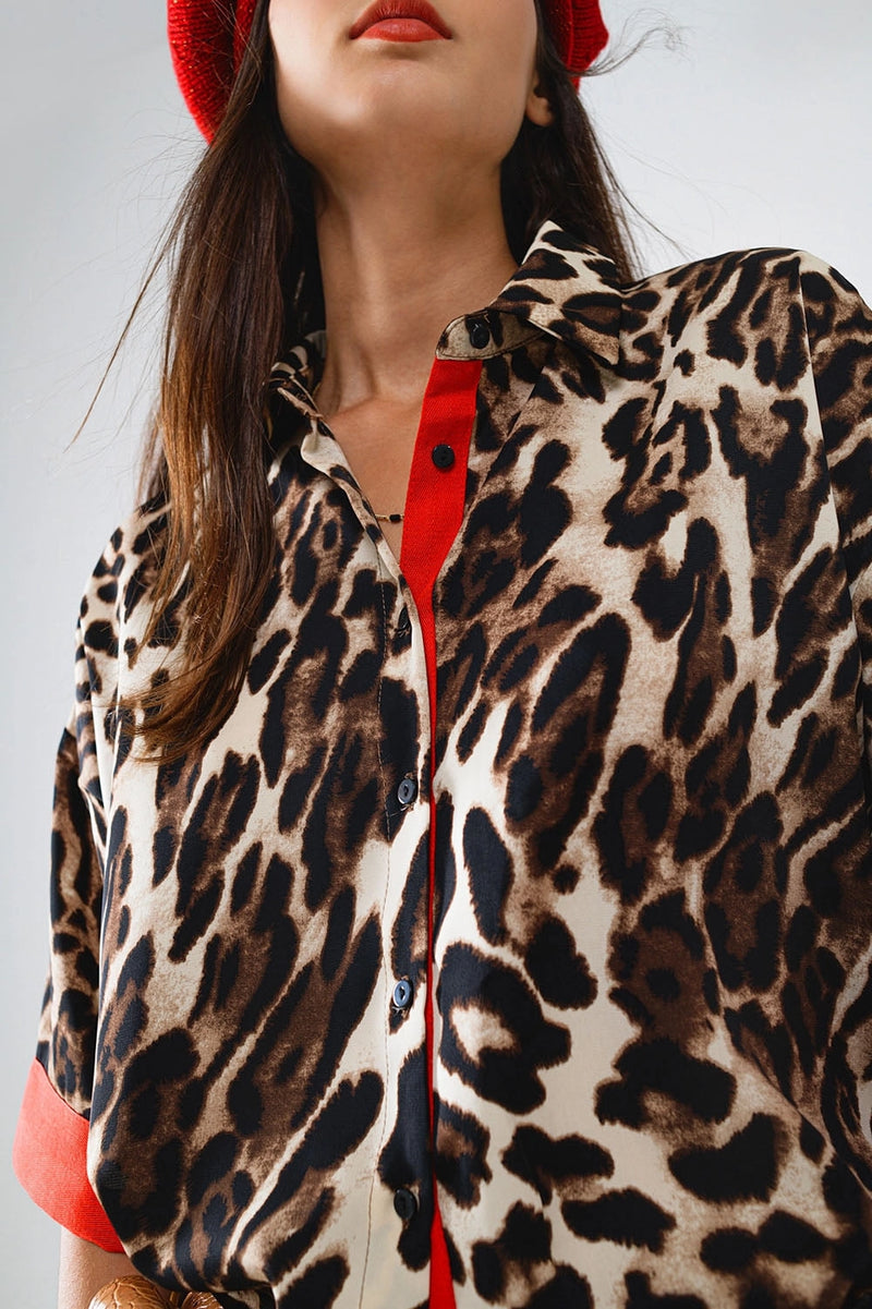 RED STRIPE LEOPARD BUTTON UP