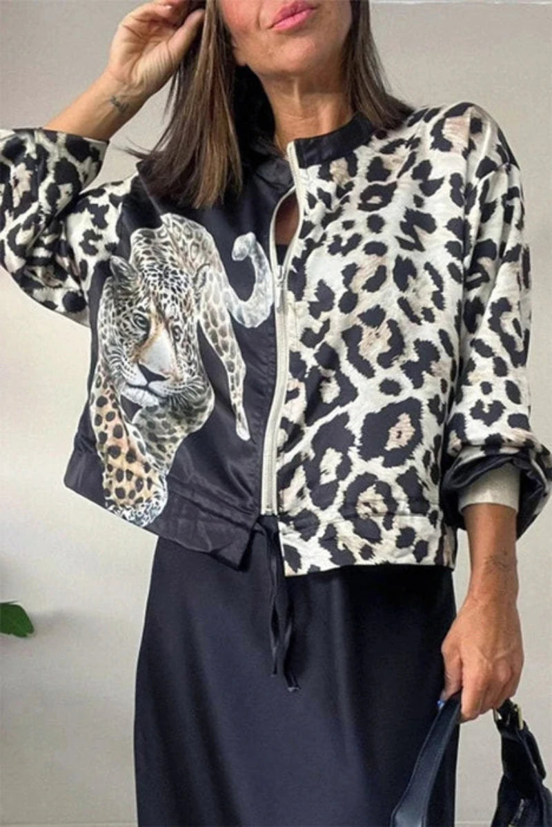 LEOPARD ZIP UP W DRAWSTRING