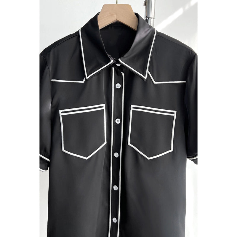 BLACK SATIN CONTRAST BUTTON UP