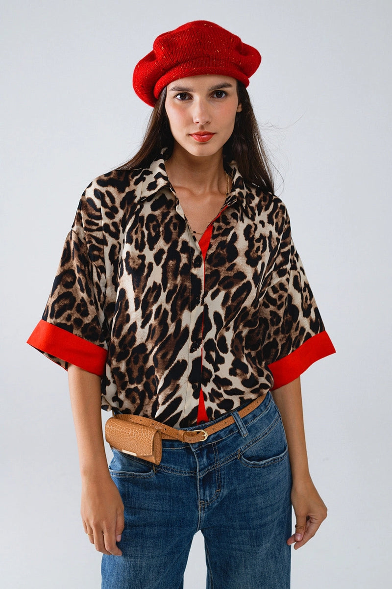 RED STRIPE LEOPARD BUTTON UP