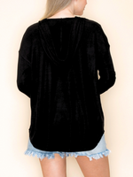 BLACK KNIT TOP WITH HOOD AND RHINESTONES