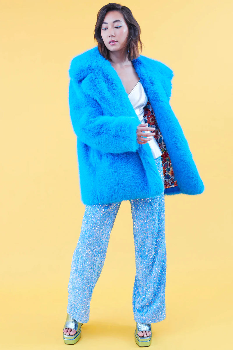 BAMBOO FAUX FUR COAT ELECTRIC BLUE