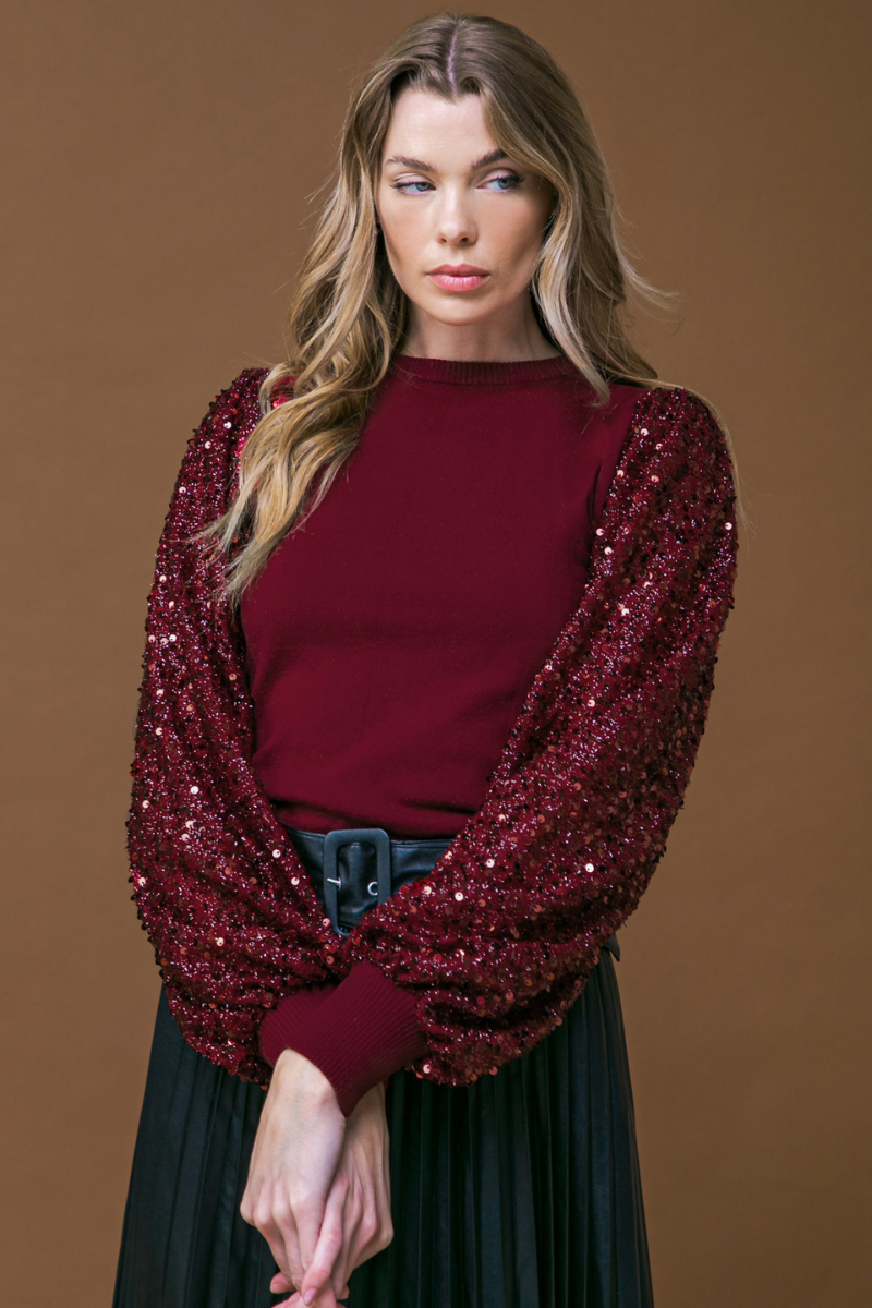 SEQUIN BALLOON SLEEVE SWEATER BURGUNDY