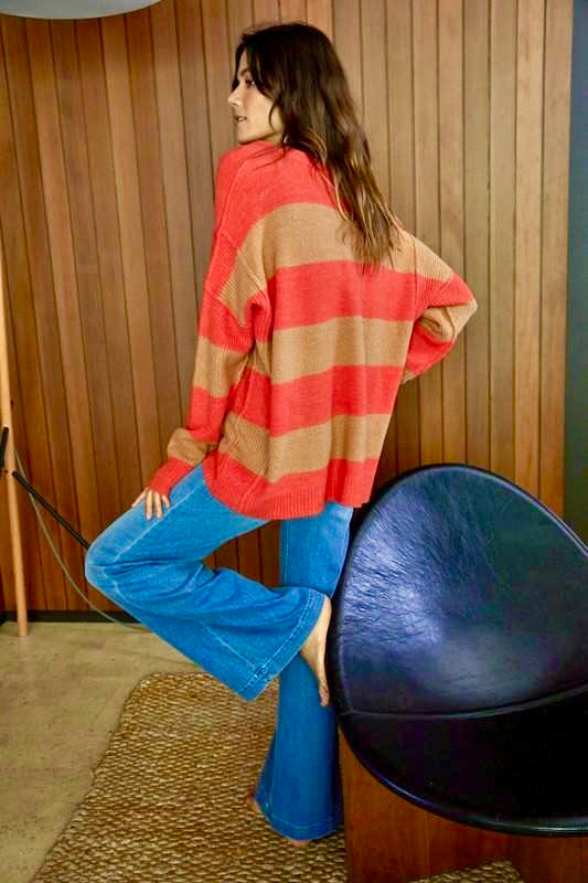 SANOMA SWEATER STRIPED MOCHA AND CORAL