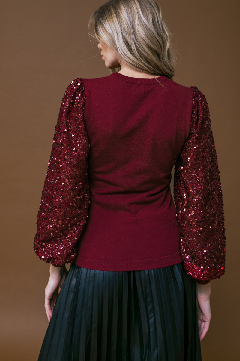 SEQUIN BALLOON SLEEVE SWEATER BURGUNDY