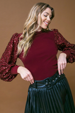 SEQUIN BALLOON SLEEVE SWEATER BURGUNDY