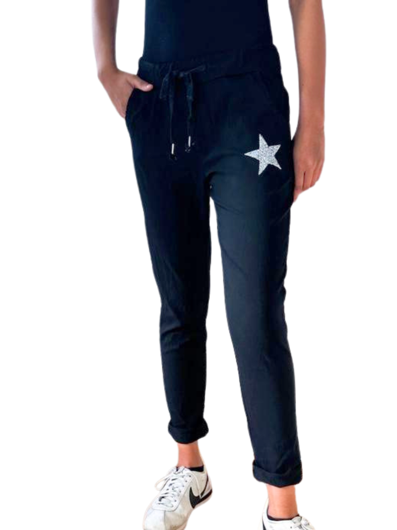 BLACK STRETCH PANT WITH CRYSTAL STAR