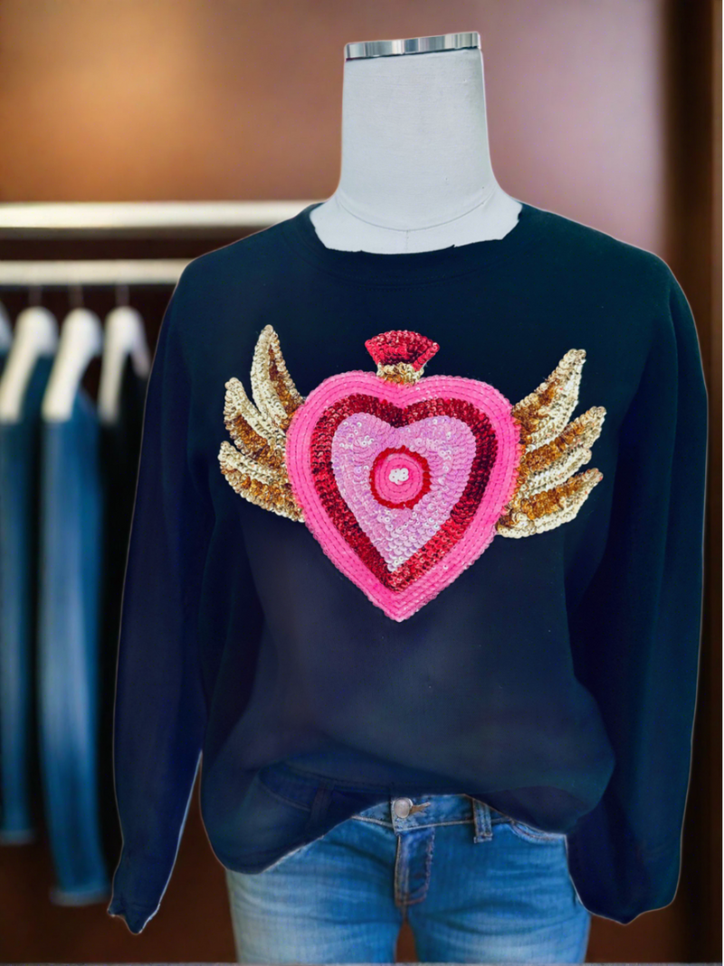 BLACK PULLOVER WING HEART SEQUIN