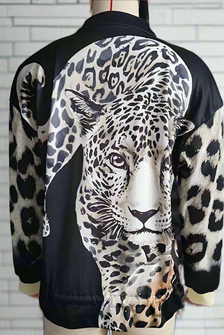 LEOPARD ZIP UP W DRAWSTRING