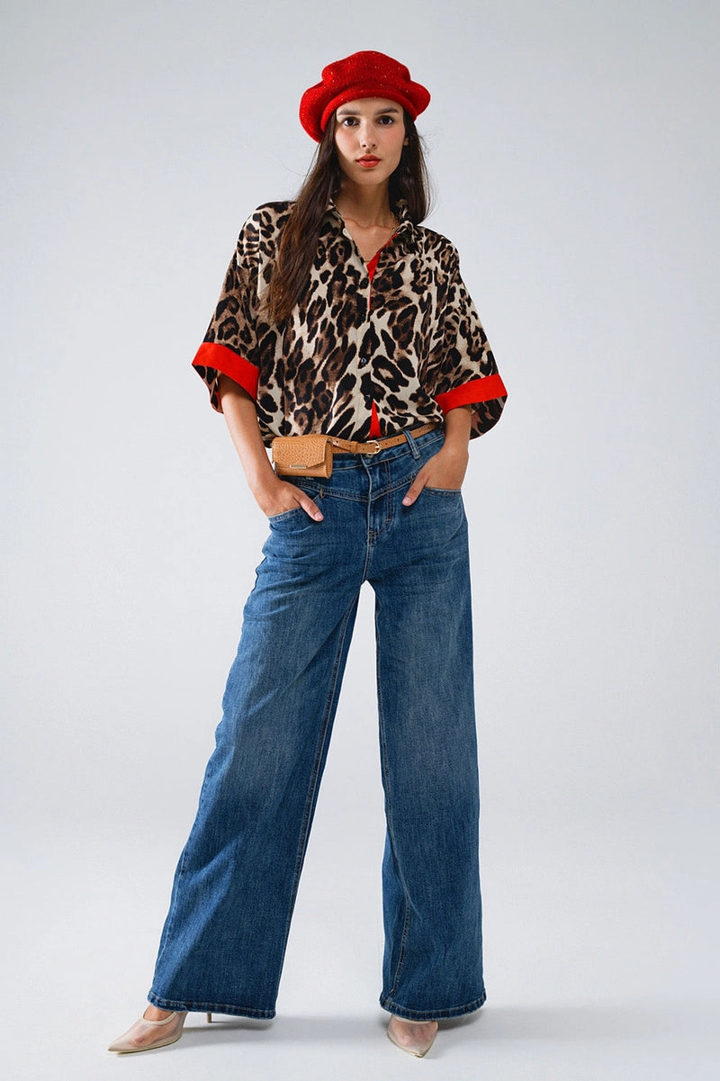 RED STRIPE LEOPARD BUTTON UP