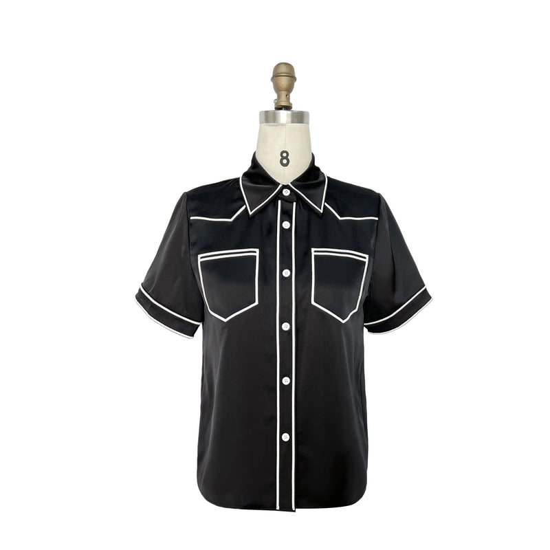 BLACK SATIN CONTRAST BUTTON UP