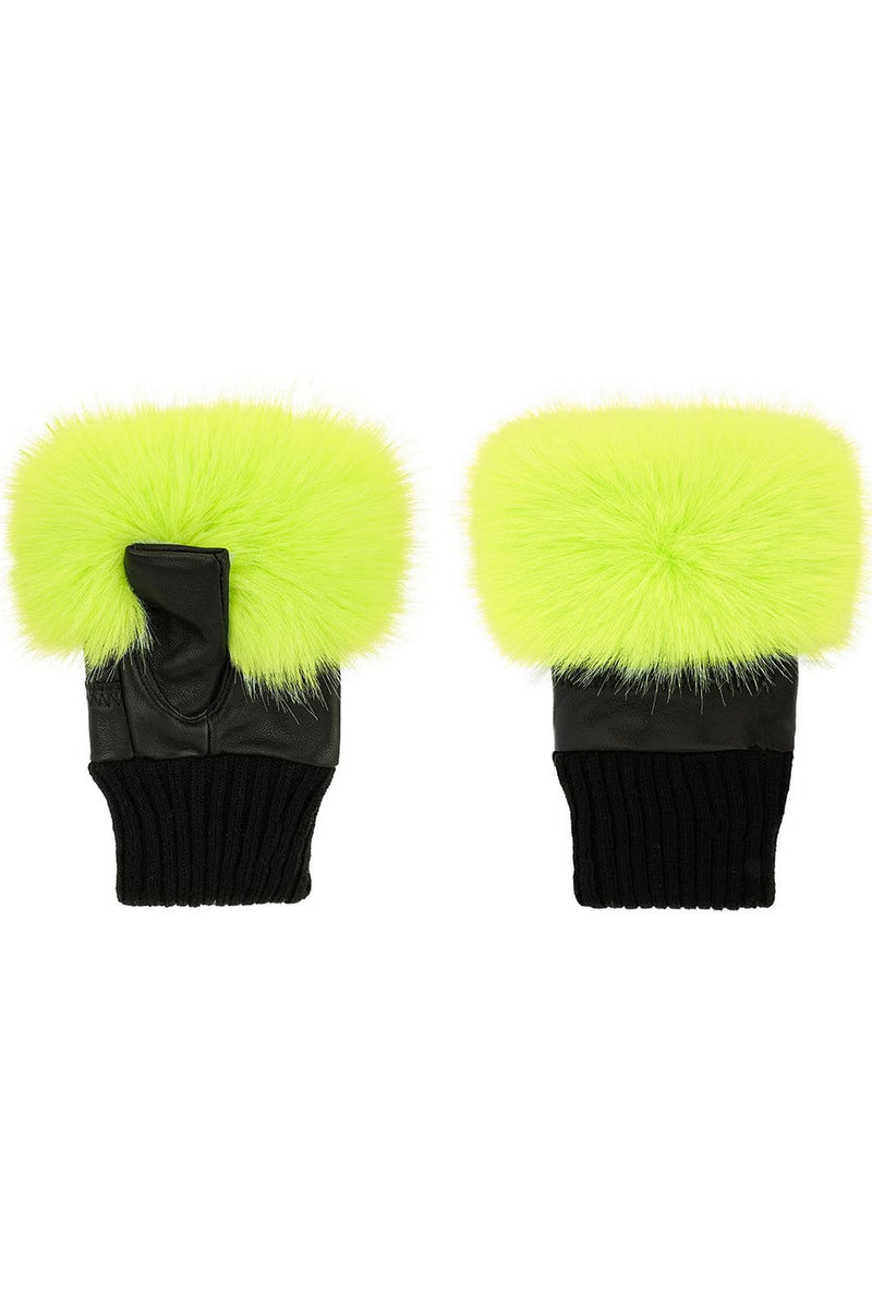 FAUX LEATHER FUR FINGERLESS GLOVES NEON YELLOW