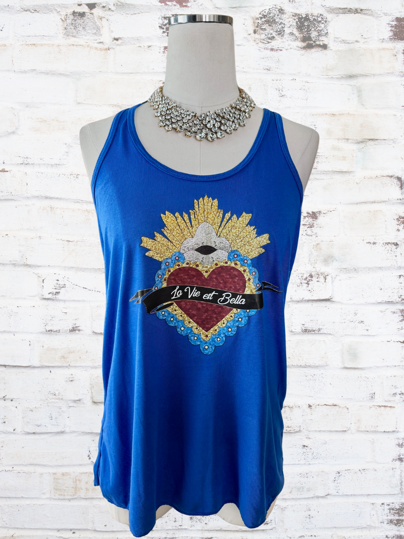 ELECTRIC BLUE TANK SACRED HEART GRAPHIC