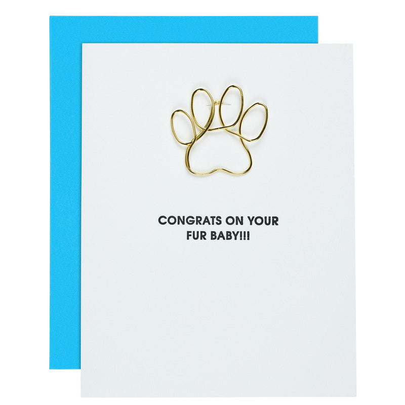 "CONGRATS ON YOUR NEW FUR-BABY" PAW PRINT PAPER CLIP LETTERPRESS CARD
