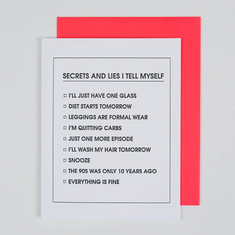SECRETS AND LIES CHECKLIST LETTERPRESS CARD