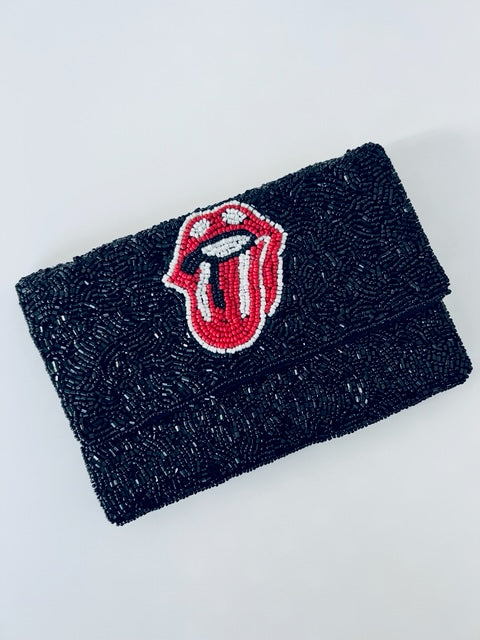 BLACK BEADED CLUTCH WITH LIPS SM