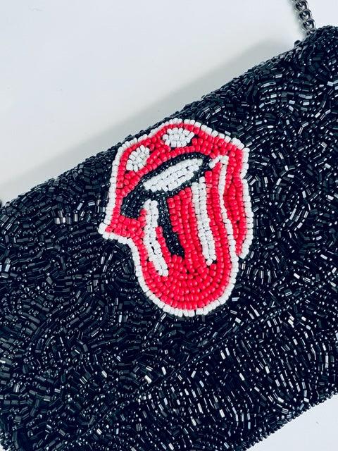 BLACK BEADED CLUTCH WITH LIPS SM