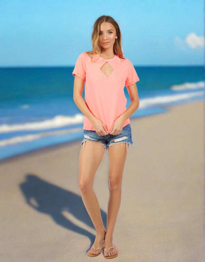 DELAWARE NEON CORAL TEE WITH CUTOUTS